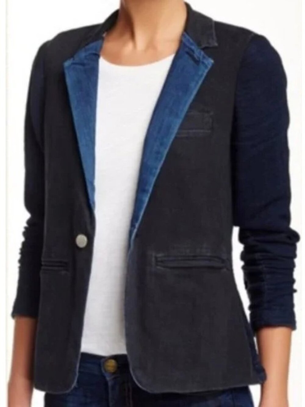 Current/Elliott blue colorblock dark wash denim Co-Ed blazer
